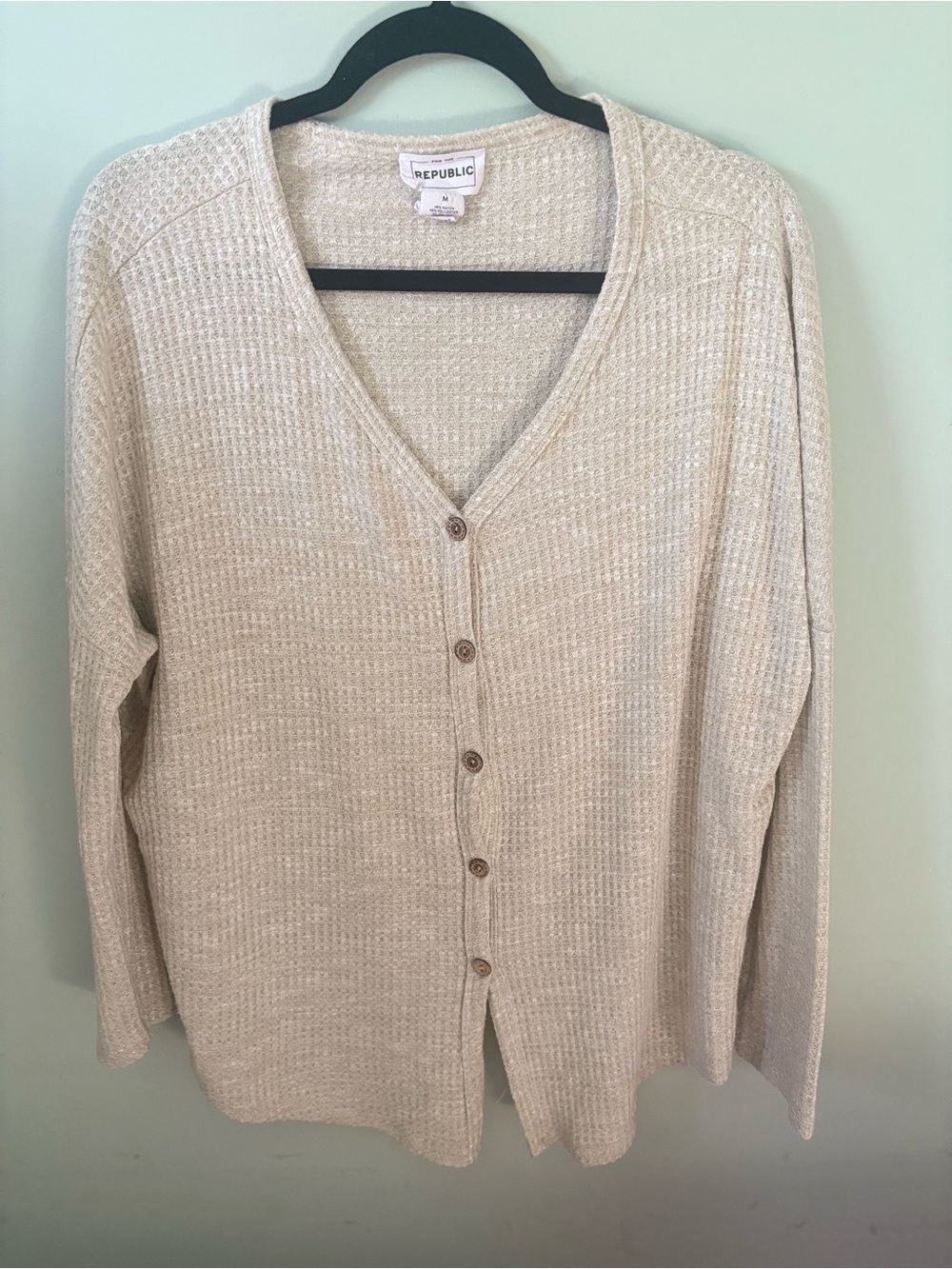 For The Republic Cream Waffle-Knit Button Cardigan